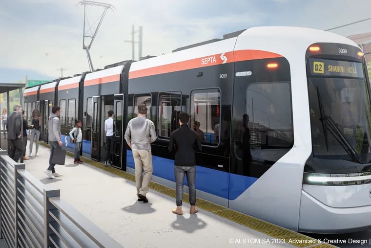 In this rendering, one of the 40-foot trolleys SEPTA has ordered pulls into a raised station platform. The $2 billion project to modernize the trolley system calls for a limited number of stops that will function as light-rail stations do; the idea is faster service and more accessibility.