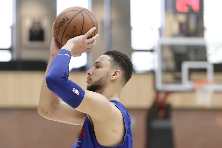 Sixers guard Ben Simmons shoots a free throw after practice in Lavietes Pavilion at Harvard University on Wednesday, May 2, 2018.