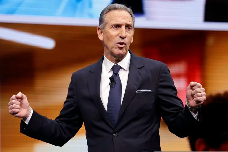 FILE - In this March 22, 2017, file photo, Starbucks CEO Howard Schultz speaks at the Starbucks annual shareholders meeting in Seattle. For someone who has given about $150,000 to Democratic campaigns over the years, Schultz is generating tepid, or even hostile, responses within the party as he weighs a presidential bid in 2020. That's because reports have suggested he's considering running as an independent, a prospect that could draw support away from the eventual Democratic nominee and hand President Donald Trump another four years in office, many fret. (AP Photo/Elaine Thompson, File)