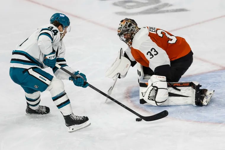 Flyers goalie Sam Ersson stops Sharks Alexander Barabanov from scoring during the third period, leading to the Orange and Black's go-ahead goal by Owen Tippett 57 seconds later.
