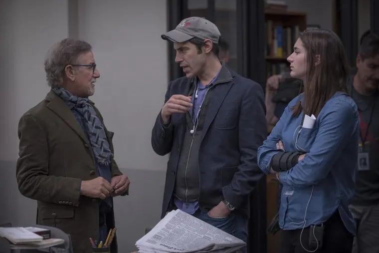 Steven Spielberg, Joshua Singer and Liz Hannah on the set of ‘The Post’
