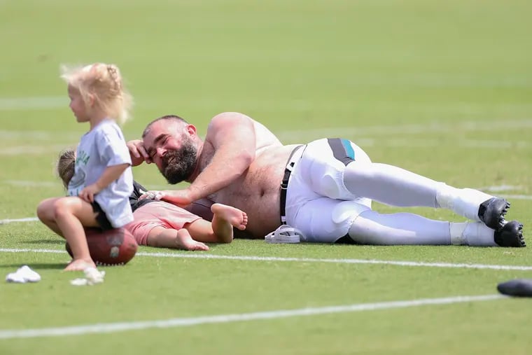Eagles center Jason Kelce lounges after practice during training camp at the NovaCare Complex in August.