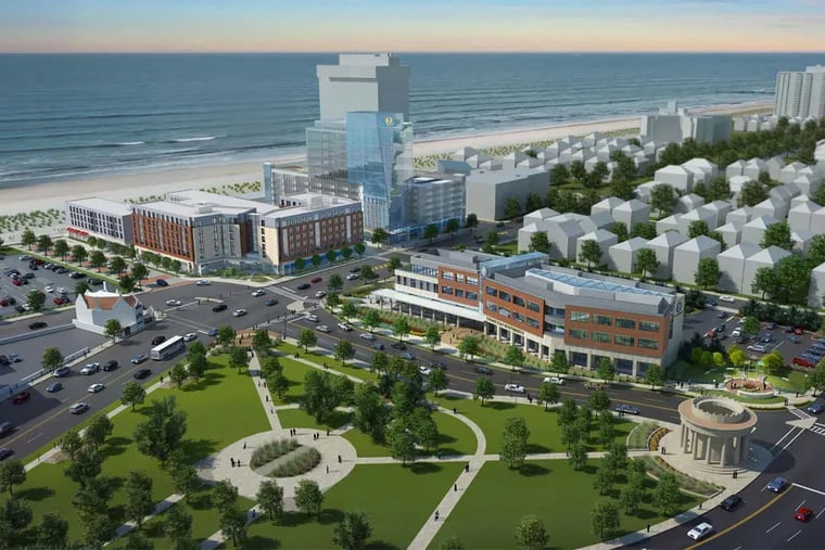 The new Atlantic City campus of Stockton University will have the residential building (left) and the South Jersey Gas office building (right) along the Boardwalk. The academic center is in the foreground.