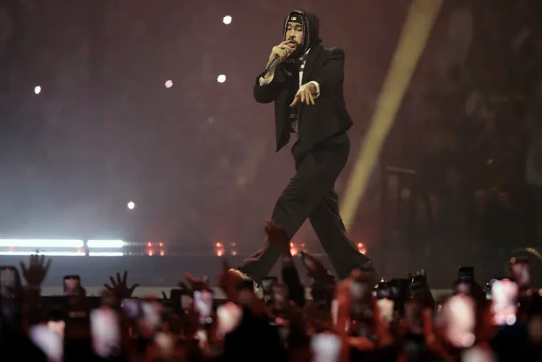 Bad Bunny performs during his Most Wanted Tour stop at the Wells Fargo Center in Philadelphia on Friday.