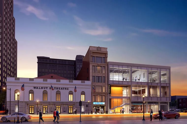 An artist's rendering of a planned expansion of Walnut Street Theatre, with a three-story addition to be built on an adjacent parking lot.