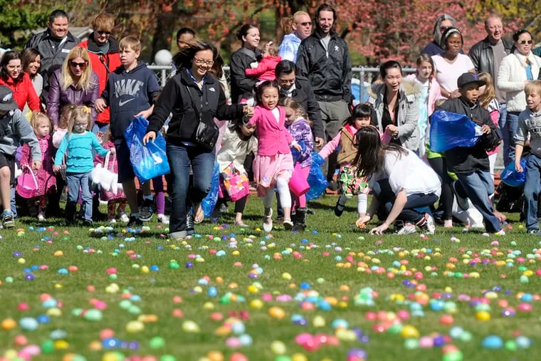 Egg hunters charge onto the field of Cherry Hill West HS Football Stadium April 7, 2012, at start of annual Easter egg hunt. There were 25,000 plastic eggs -- filled with candy and some prizes -- "hidden" on the field, in the free public event hosted by Kingsway Church. There should be 30,000 eggs at CityReach Church's Easter Experience on Sunday, April 21, 2019; 6,000 eggs will be dropped by helicopter.