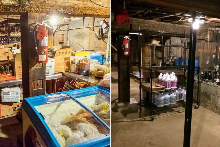 Left, an employee walks through the crowded basement in August; right, the basement is now clean and orderly.