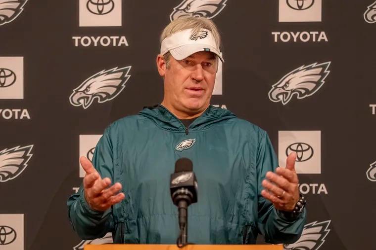 Philadelphia Eagles head coach Doug Pederson answers a question during his press conference on Monday.