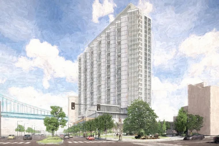 Conceptual rendering of an apartment building planned by the Durst Organization on property near the Delaware River waterfront acquired from the city.