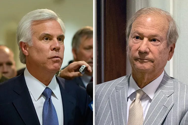 Co-owners of The Philadelphia Inquirer, George Norcross (left) and Lewis Katz (right) on Monday, Oct. 28, 2013, in City Hall in Philadelphia. McInerney must decide if a dispute over control of The Philadelphia Inquirer belongs in her court or in Delaware, where a group of powerful, now-feuding owners incorporated last year. (AP Photo/Matt Rourke)