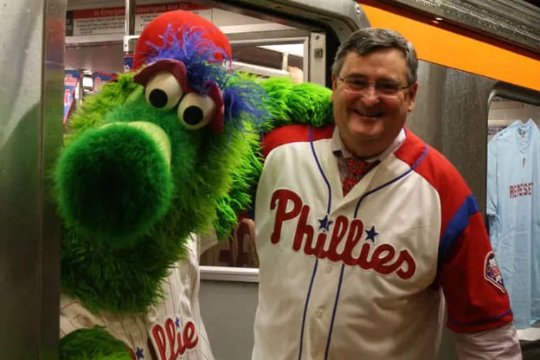 SEPTA's Joe Casey and the Phanatic know the best way to get down to Citizens Bank Park for a ballgame: the SEPTA Broad Street Line. (Photo from SEPTA)