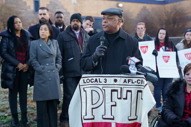 Philadelphia Federation of Teachers president Jerry Jordan, along with teachers, union members, parents, and elected officials, on Jan. 8, 2020.