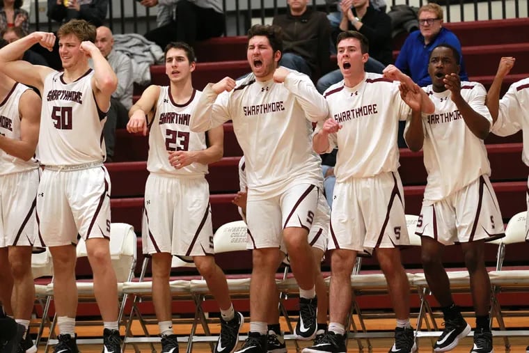 The Swarthmore bench reacting to a play during the Garnet's home opener against the College of New Jersey.