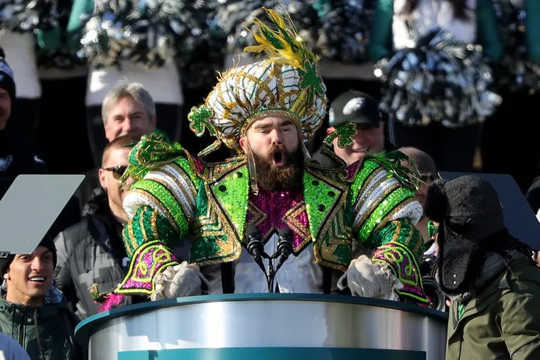 Eagles’ Jason Kelce gets fired up during his speech at the Eagles Super Bowl Champions celebration at the Art Museum in Philadelphia on February 8, 2018.