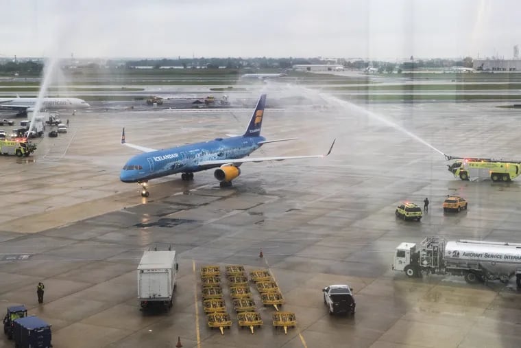 Icelandair’s inaugural flight to Philadelphia arrived at 6:56 p.m. Tuesday to cheers and a water canon salute on the airfield. The returning flight from Philly to Iceland was diverted to Boston because of a smell on the aircraft.