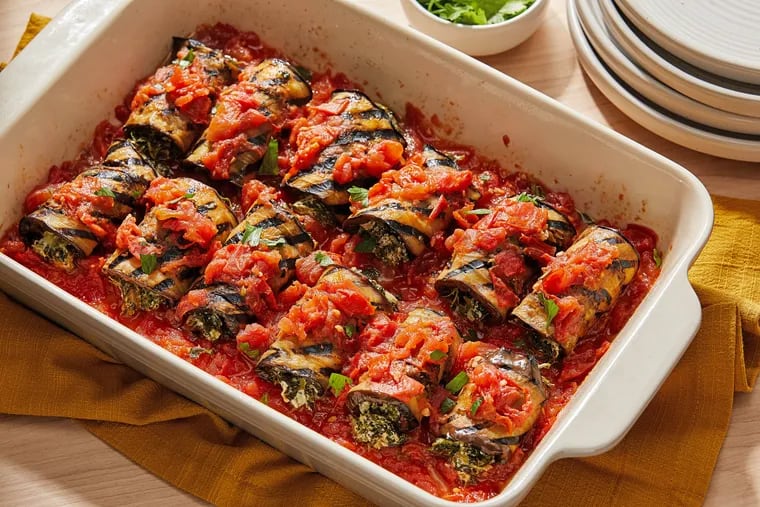Grilled Eggplant Roll-Ups With Spinach and Goat Cheese.