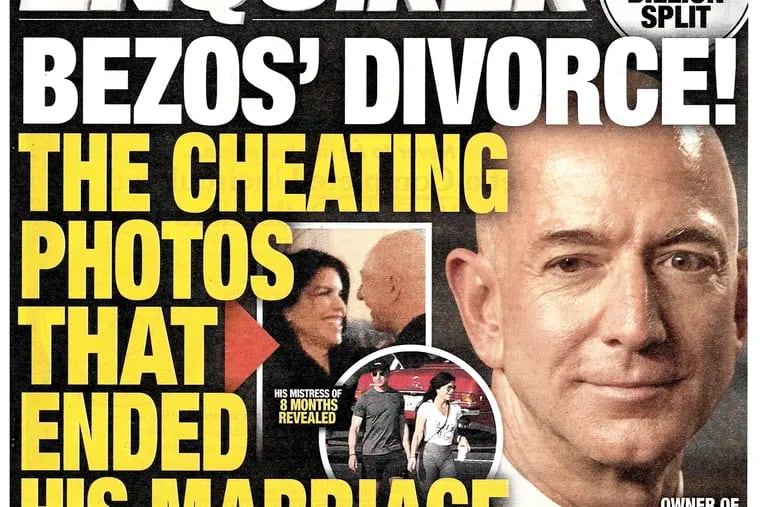 This image shows the front page of the Jan. 28, 2019, edition of the National Enquirer featuring a story about Amazon founder and CEO Jeff Bezos' divorce. Bezos claims American Media Inc., which owns the Enquirer, threatened to publish intimate photos of him unless he stopped investigating how the tabloid obtained his private text messages with his mistress that were published within the story. Prosecutors are now looking at whether an email exchange Bezos published shows AMI violated an agreement it struck to avoid prosecution for alleged campaign finance violations. (National Enquirer via AP)