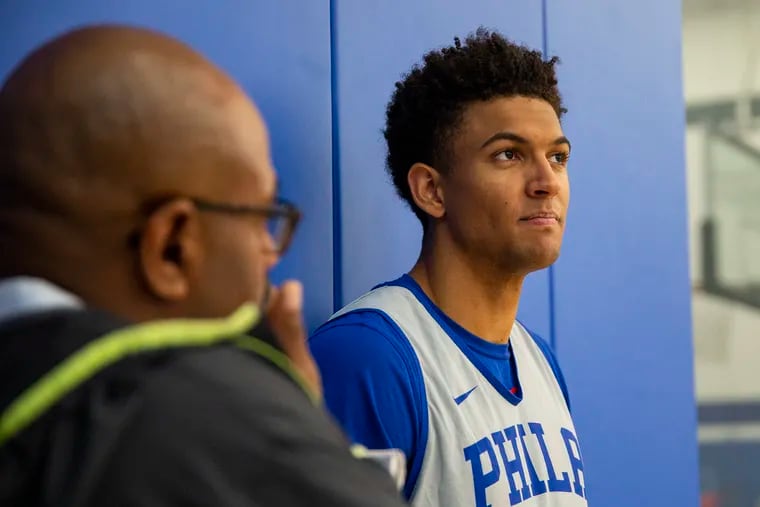 Inquirer reporter Keith Pompey speaking with 76ers guard Matisse Thybulle during practice in October.