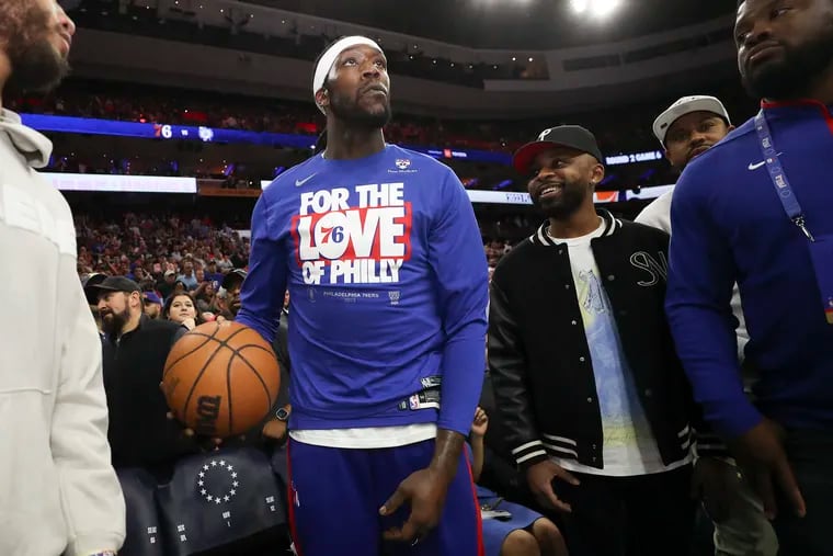 Sixers center Montrezl Harrell warms up among the crowd before the start of Game 6 of the team's playoff series against the Boston Celtics on May 11.