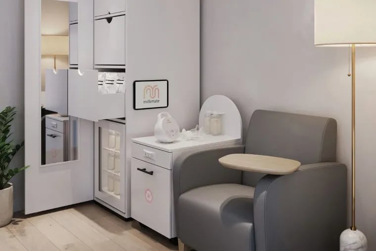 An example of Milkmate's lactation suite options for employers. The company provides furniture, refrigerators, and single-use pumping supplies.
