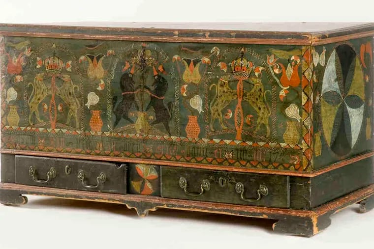 Chest-over-drawers, 1796, of white pine with paint, brass, iron; made for Adam Minnich of Bern Township, Berks County. Gaily painted chests were common in German-speaking households.