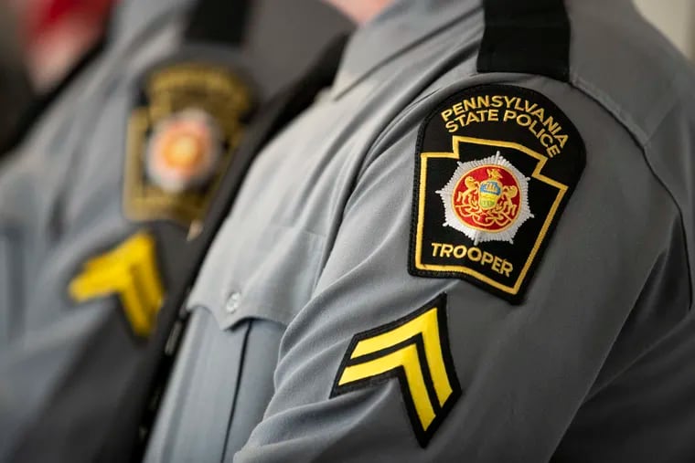The Pennsylvania State Police trooper patch is seen during a press conference at the Pennsylvania State Police Troop K Barracks in Philadelphia on June 5.