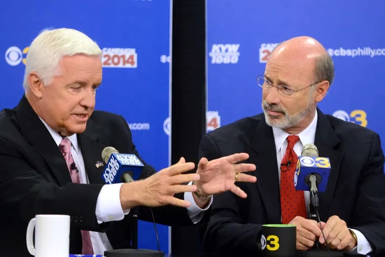 Gov. Tom Wolf (right), who took office in 2015, has not replaced any of former governor Tom Corbett's appointees to Pennsylvania's Charter Appeals Board, which decides appeals from charter schools rejected by local districts.