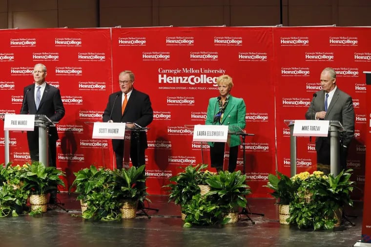 Seeking the Republican Party’s nomination to challenge Democratic Gov. Tom Wolf’s re-election bid, candidates, left to right, Paul Mango, Sen. Scott Wagner, Laura Ellsworth, and House Speaker Mike Turzai participate in a debate Saturday, Jan. 20, 2018, in Pittsburgh.
