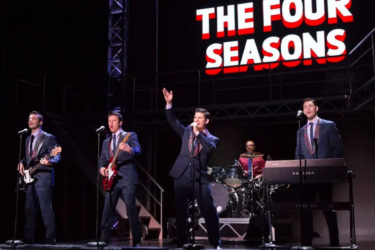 (From left) Brandon Andrus, Nicolas Dromard, Nick Cosgrove, Jason Kappus starring in "Jersey Boys" at the Forrest Theatre through Jan. 5.