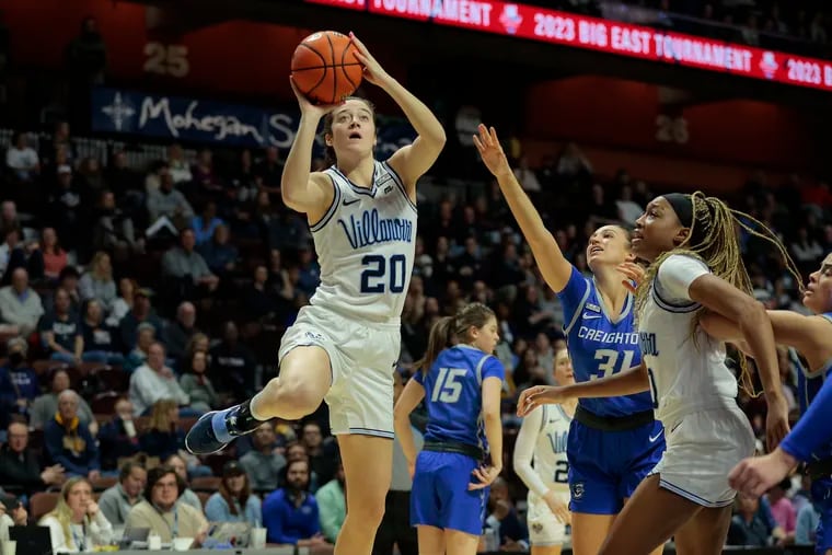 Maddy Siegrist (left) of Villanova goes up for a shot against Creighton during the first half of a Big East Tournament semifinal game on March 5.