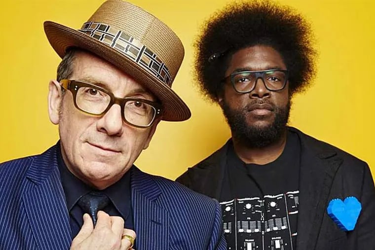 Elvis Costello & the Roots , &quot;Wise Up Ghost.&quot; (On sale Tuesday; Costello plays solo Nov. 10 at the Merriam Theater.) The 59-year-old Costello got to know the generation-younger Roots on the set of &quot;Late Night With Jimmy Fallon.&quot; He has now added the Philadelphia hip-hop band to his long list of collaborators, including Allen Toussaint, Burt Bacharach, and Anne Sofie von Otter. &quot;Wise Up Ghost&quot; sounds like a deep, dark, top-of-the-line Costello album, albeit more rhythmically adept and forceful than usual. (The Roots' own new album, said to be titled &quot;& Then You Shoot Your Cousin,&quot; does not yet have a release date.)