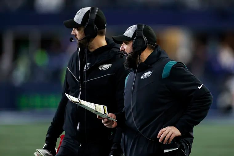 Eagles coach Nick Sirianni (left) and and senior defensive assistant Matt Patricia during the first quarter of the loss to the Seahawks.