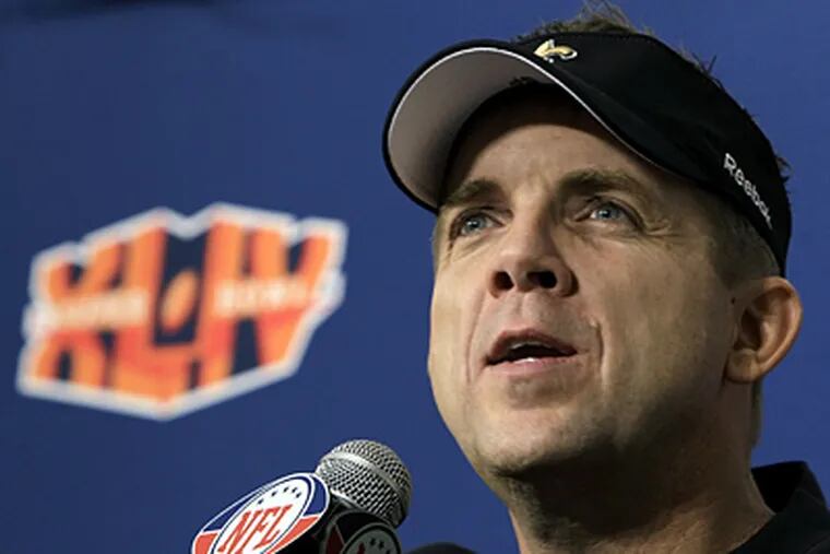 New Orleans Saints head coach Sean Payton answers questions at a Super Bowl news conference on Monday. (AP Photo/Mark Humphrey)