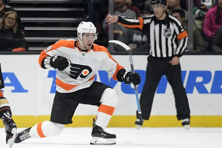 Flyers defenseman Ivan Provorov, celebrates his goal during the second period of his  team's 3-2 win in Anaheim on Tuesday.