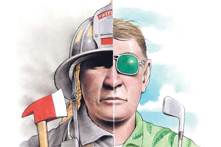 300 dpi Doug Griswold color illustration of two-faced man: one side is firefighter, the other side is a retiree. Can be used with stories about public employees retiring. The San Jose Mercury News 2009 03000000; 09000000; 11000000; DIS; krtdisaster disaster; krtgovernment government; krtlabor labor; krtnational national; krtpolitics politics; krtworld world; LAB; POL; krt; mctillustration; 03004000; krtfire fire; krtweather weather; krtwildfire wildfire brushfire bushfire fire; 04018000; 09003001; 09003002; 09003004; 09006000; 09016000; employe; employee; employment; FIN; job layoff; labor market; occupation; retirement; work force; worker; 11006001; 11006002; 11006010; citizen safety; krtuspolitics; krtworldpolitics; public employee public employe; public service; griswold; sj contributed; fireman firefighter fire fighter; pension; retiree; 2009; krt2009
