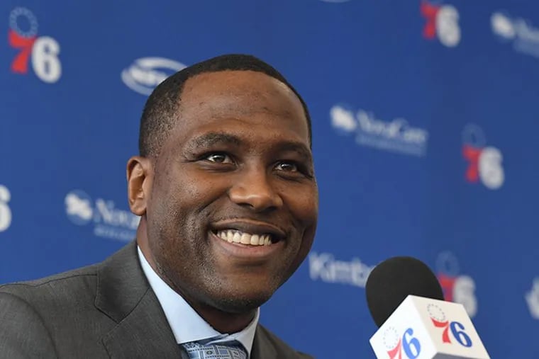Elton Brand smiles after being introduced by Sixers co-managing partner Josh Harris as the new team general manager on Thursday.