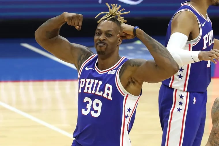 Dwight Howard of the SIxers after an offensive reboundand basket against the Hawks during the 2nd half of game 2 of their NBA playoff series at the Wells Fargo Center on June 8, 2021.