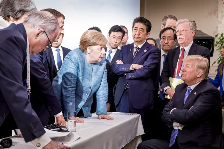 After an explosive G7 summit last week, tension looms over an upcoming NATO summit when President Trump will again meet with traditional U.S. allies, this time to take steps meant deter Russian aggression. Here, Trump speaks with German Chancellor Angela Merkel, center,  during the G7 Leaders Summit in Quebec, Canada, on June 9.