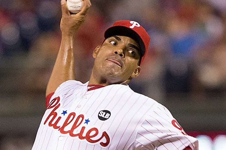 Philadelphia Phillies relief pitcher Dalier Hinojosa (94) pitches during the ninth inning against the Atlanta Braves at Citizens Bank Park. The Phillies won 12-2.