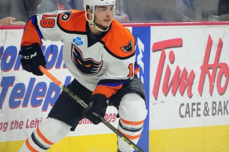 Left winger Danick Martel (18), shown with the Phantoms, gave the Flyers’ second line a boost in his NHL debut Wednesday.