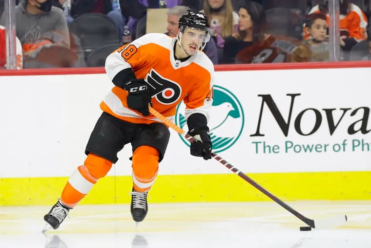 Flyers center Morgan Frost returned to practice Tuesday after 14 days out while in the COVID-19 protocol.