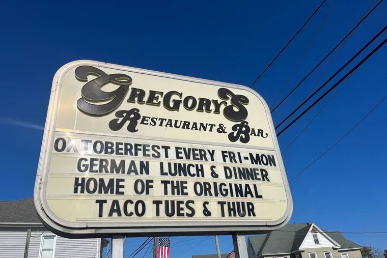 The sign at Gregory's Restaurant & Bar n Somers Point, N.J., proclaims that it's the "home of the original Taco Tues & Thur," on Oct. 23, 2023.