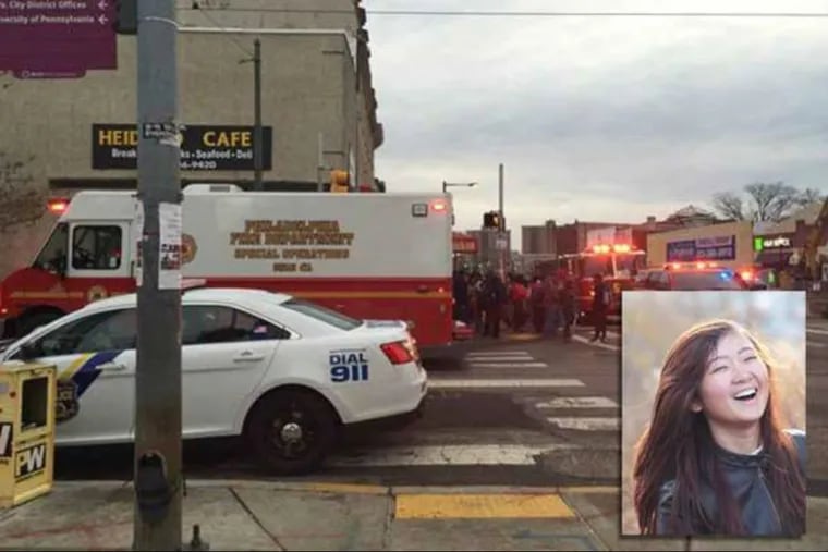 Emergency crews responding on April 11, 2016, to the scene at a SEPTA station. Inset, Ao “Olivia” Kong.