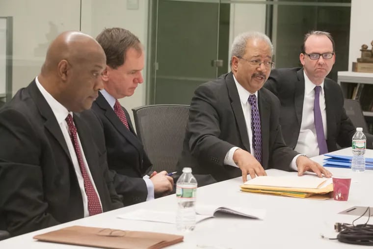 Candidates for the Second Congressional District seat (from left) State Rep. Dwight Evans, Brian Gordon, U.S. Rep. Chaka Fattah, and Dan Muroff meet with the Inquirer Editorial Board.