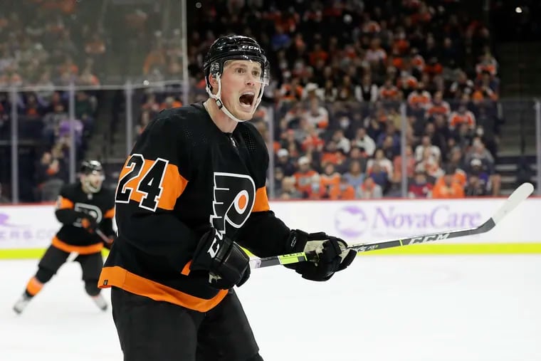 Flyers defenseman Nick Seeler yells against the Tampa Bay Lightning on Thursday, Nov. 18, 2021. Seeler, who signed a two-way contract in the summer has played in 15 of the team's 17 games.