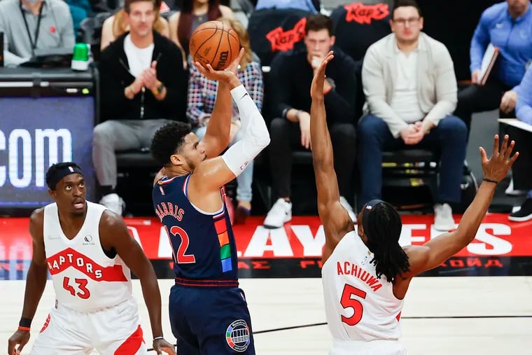 Sixers forward Tobias Harris shooting against the Toronto Raptors during Game 6 of the first-round Eastern Conference playoffs on April 28.