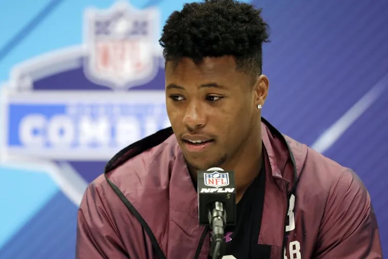 Penn State running back Saquon Barkley speaks during a press conference at the NFL football scouting combine on Thursday.