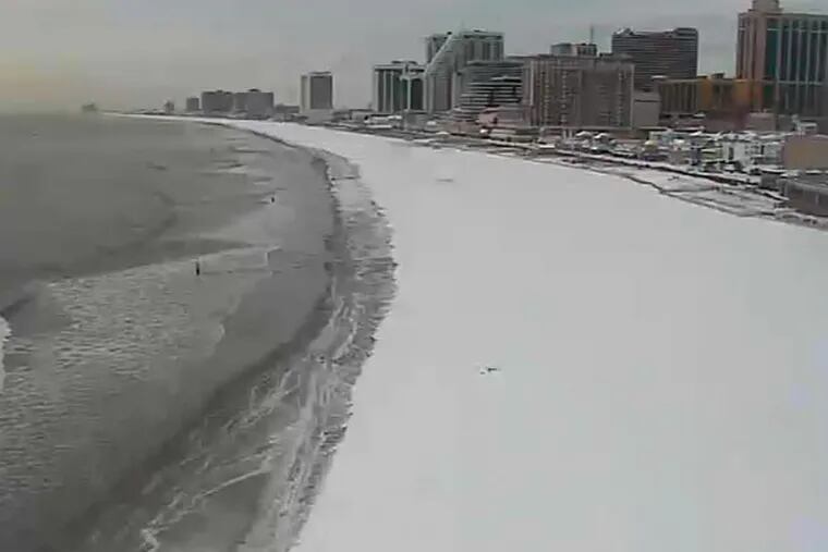 The view of a snowy beach in Atlantic City from <a href="http://www.thepiershopsatcaesars.com/one-atlantic">One Atlantic</a> in the Pier Shops at Caesars. (<a href="http://www.atlanticcitywebcam.com/">http://www.atlanticcitywebcam.com</a>)