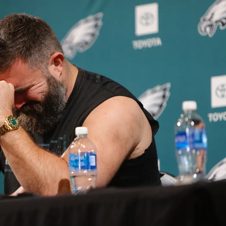 Eagles center Jason Kelce has an emotional moment during his press conference Monday at the NovaCare Complex. He had quite a few.