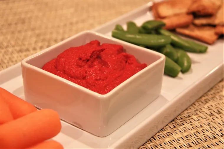 Red beet hummus is a guilt-free Valentine’s treat.
